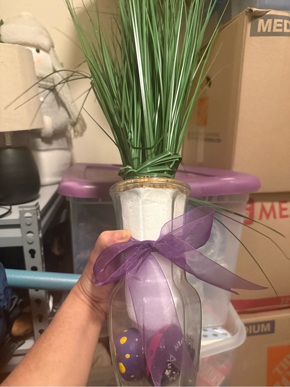 Decorative Purple Ribbon Glass Vase with Faux Green Grass